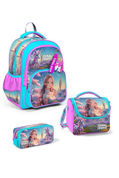 Coral High GOSHOPYA Turkuaz Pembe Anime Kız Desenli 3’lü Okul Çanta Seti GOSE...