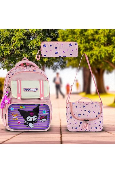 JOJO KIDS Girl Child Kuromi Primary School Backpack, Waterproof Bag, Set of 3