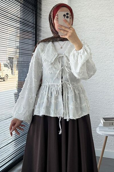 MELEK ARAZ Tasseled Striped Cotton Kimono – Gray