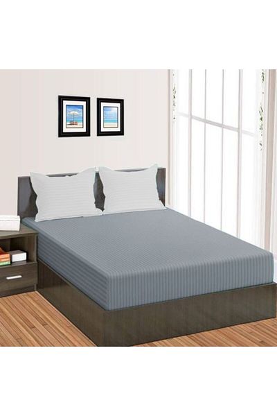 HomePuls Bed Sheet with Elastic Damask Polycotton Stripe 1 cm, 230 x 250 cm for Mattress 180 x 200 cm, Light