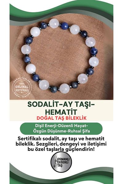 OSMANLI DEĞERLİ TAŞ Certified Sodalite-Moonstone-Hematite Natural Stone Bracelet