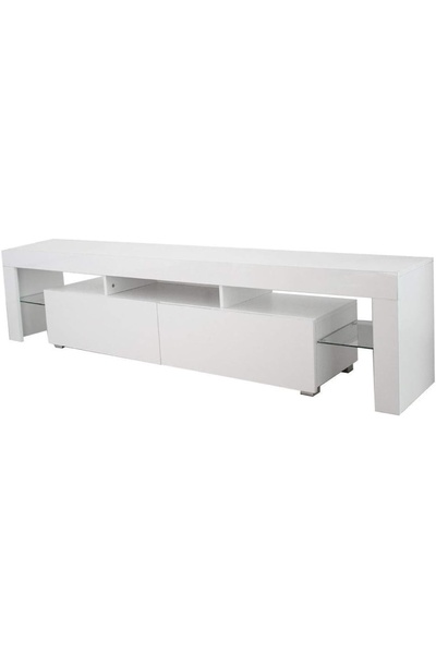 Woodies TV Table with 2 Glass Shelves and drawers with LED lights, White Size...
