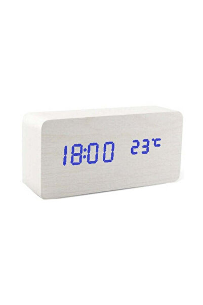 VTM White Digital Clock with Blue LED, Thermometer, Alarm, Voice Control, 3 Lights, 15x7x4 cm