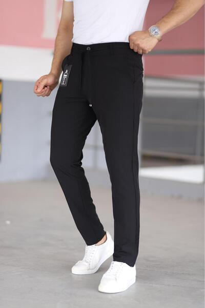 Bürke Ανδρικό παντελόνι με μαύρο χρώμα μέσης μισό ελαστικό με κορδόνια Άνετο ελαστικό παντελόνι Lycra