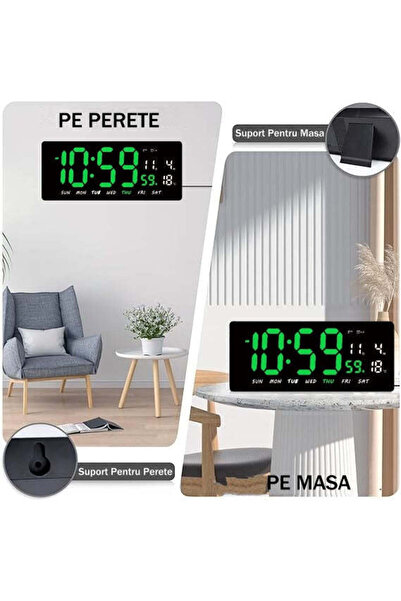 VTM Digital Table and Wall Clock, Green LED, Calendar, Temperature, Alarm, Snooze, 36x16cm
