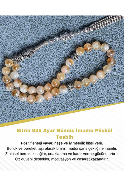 Saff Doğal Taş Sertifikalı Sitrin 925 Ayar Gümüş İmame Püskül Tesbih