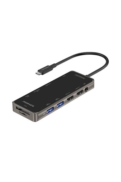 Promate موزع USB-C متعدد المنافذ فائق السرعة 11 في 1 مع توصيل طاقة 100 وات