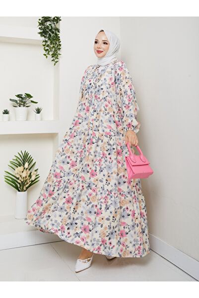 KMKkombin KADIN YAZLIK TREND DESEN MANGO KUMAŞ DÜĞMELİ ELBİSE