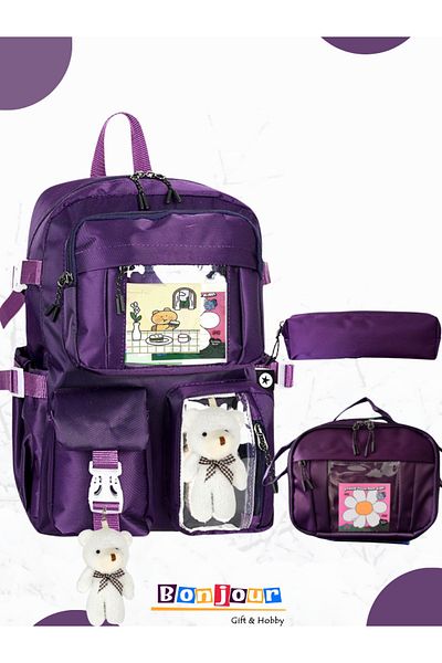 Bonjour Gift & Hobby Set of 3 Korean Models: Children's Primary School Bag, Pen Holder, Lunch Box, Backpack