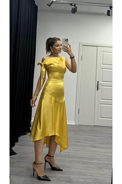Daves Asymmetrical Midi Length Yellow Satin Dress