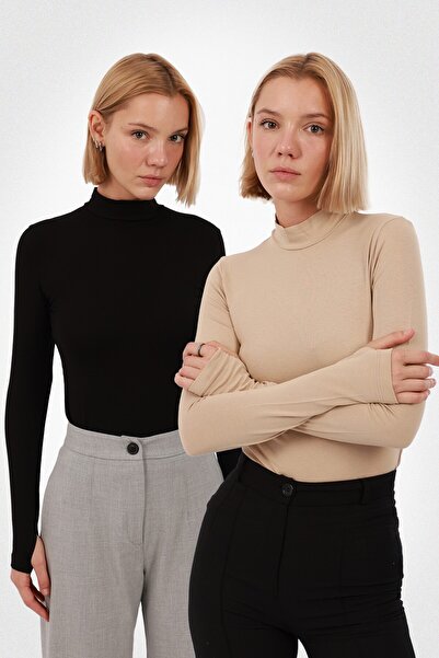 Yade Fashion Kadın Parmak Detaylı Body 2’li Set – Siyah Ekru