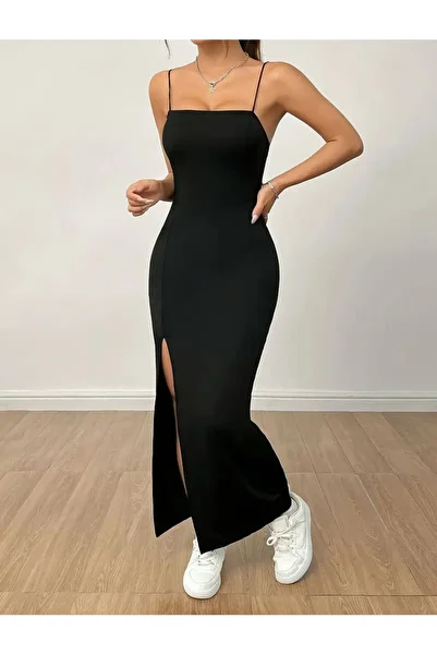 Pulli Collection Дамска черна лятна рокля без гръб с разрез и дълги ръкави | Дълга рокля