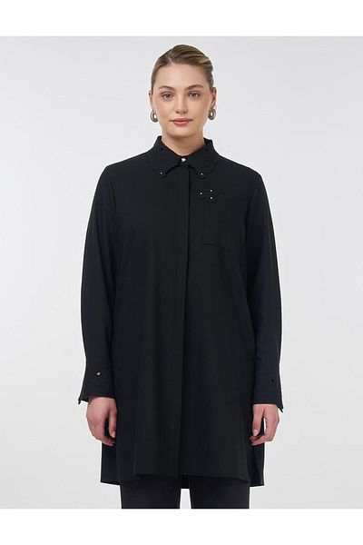 Kayra Stylish Tunic with Embroidery Applique Collar Ka-B25-21056 - Black