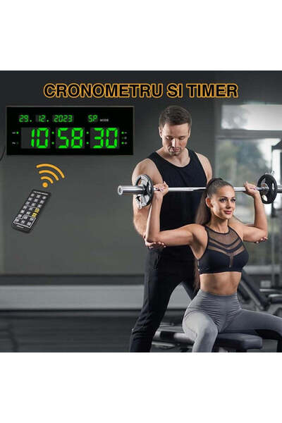 VTM Ceas Digital Verde cu Cronometru, Calendar, Timer, Alarmă, Luminozitate Ajustabilă, 32x12cm