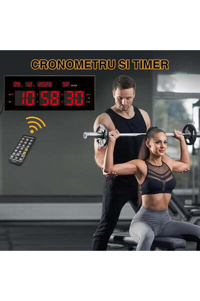 VTM Ceas Digital cu LED Rosu, Cronometru, Calendar, Alarmă, Timer, 32x12cm, Luminozitate Ajustabilă