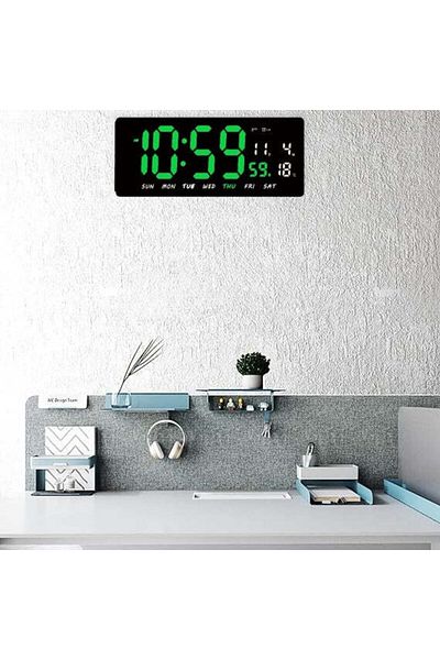 VTM Digital Wall Clock with Green LED, Calendar, Temperature, Alarm, Snooze, 36x16cm