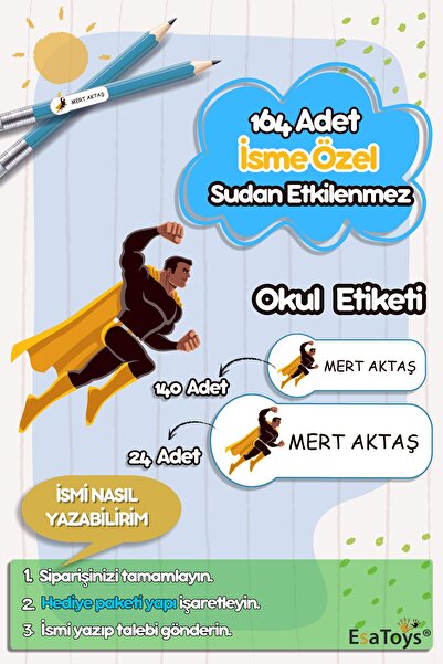 esatoys Uçan Adam Temalı Özel İsminiz Yazılı Okul Etiketi