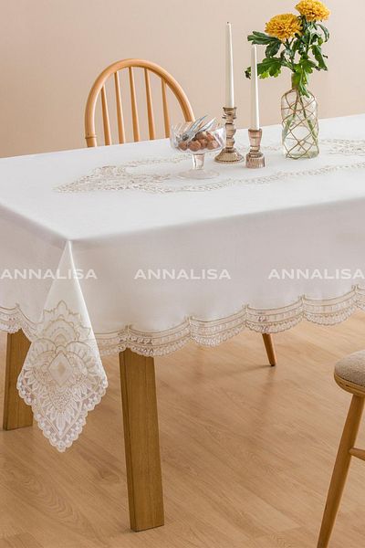 Annalisa Olivya Linen French Lace Tablecloth Cream Gold