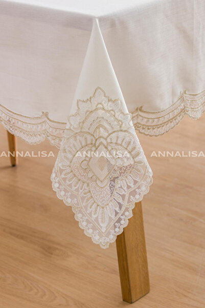 Annalisa Olivya Linen French Lace Tablecloth Cream Gold