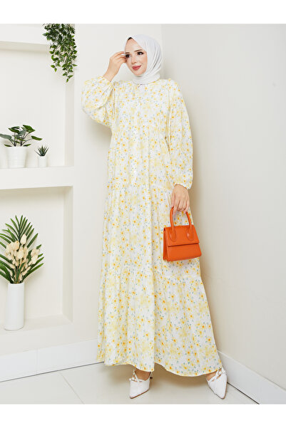 KMKkombin KADIN YAZLIK TREND DESEN MANGO KUMAŞ DÜĞMELİ ELBİSE
