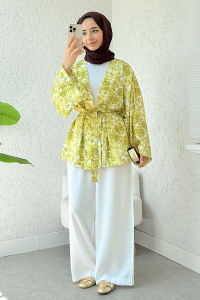 Salih Çelebi Daisy Pattern Belted Kimono 2375 - Oil Green
