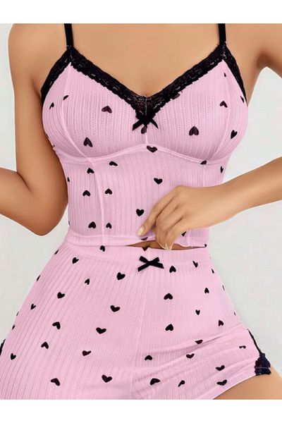 BALDOMERO Women's Heart Patterned Strap Shorts Nightgown Pajama Set