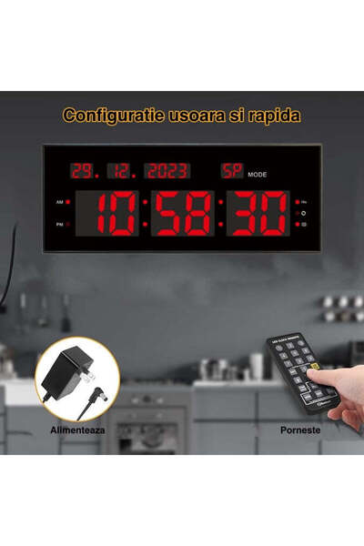 VTM Ceas Digital cu LED Rosu, Cronometru, Calendar, Alarmă, Timer, 32x12cm, Luminozitate Ajustabilă