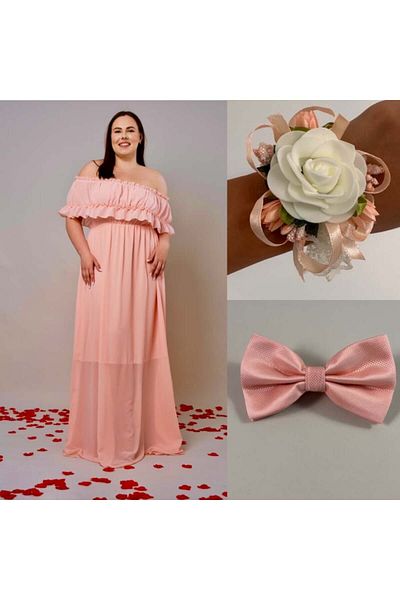 MONNET MODA Long Peach Chiffon Dress with Bow Tie and Bracelet - One Size