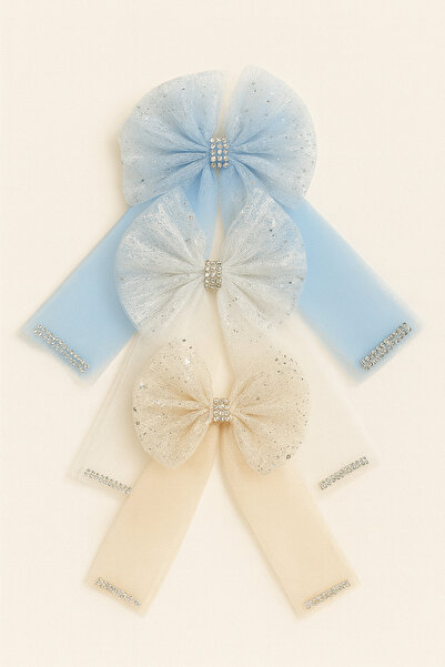 ESİLA KİDS Kız Çocuk Toka Simli Taşlı Tül Fiyonk Toka 3'lü Set Renkli ve Parl...