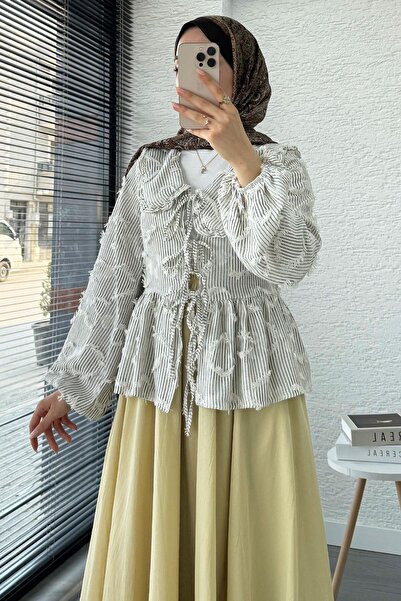 MELEK ARAZ Βαμβακερό κιμονό με ρίγες με φούντες – καφέ