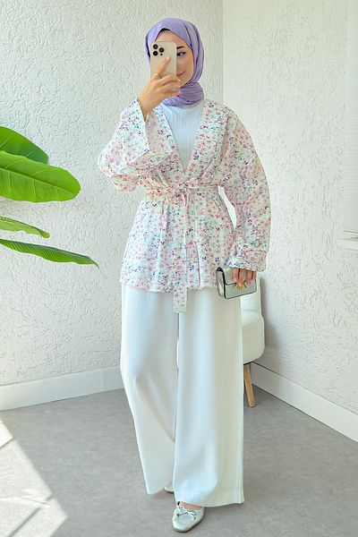 Salih Çelebi Daisy Pattern Belted Kimono 2375 - Powder