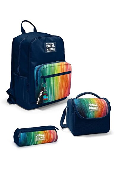 Coral High Goshopya Navy Blue Colored Striped 3-Piece School Bag Set Goset012...
