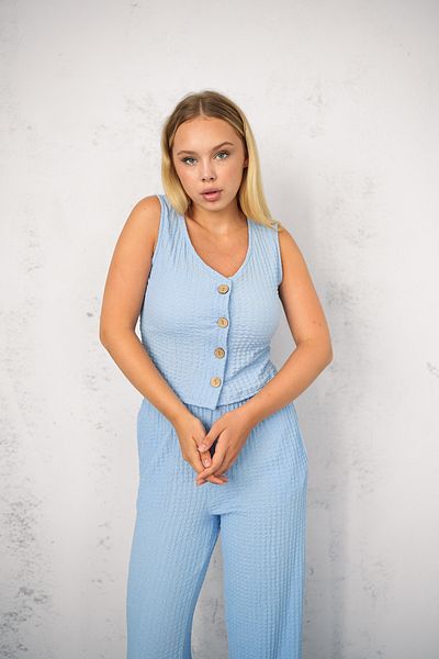 winmoda Women's Seersucker Suit with Vest - Vest and Pants - Summer Suit