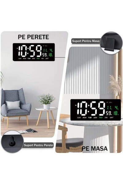 VTM Digital Table and Wall Clock with White LED, Calendar, Temperature, Alarm, Snooze, 36x16cm