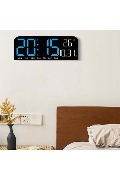 VTM Ceas Digital Albastru cu LED, Calendar, Cronometru, Alarmă, Termometru, Snooze, 24x9cm