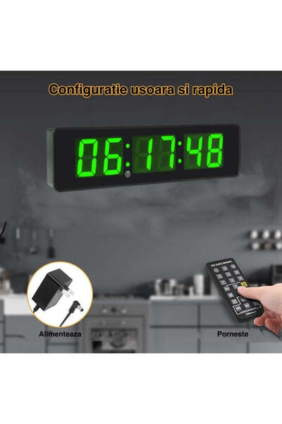 VTM Ceas Digital Verde cu LED, Cronometru, Timer, Alarmă, Luminozitate Ajustabilă, 34x9cm