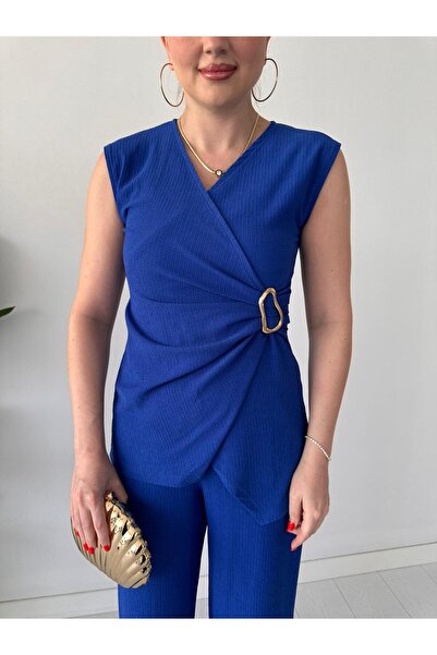 MaziButik Side Buckle Seersucker Suit Saks Blue
