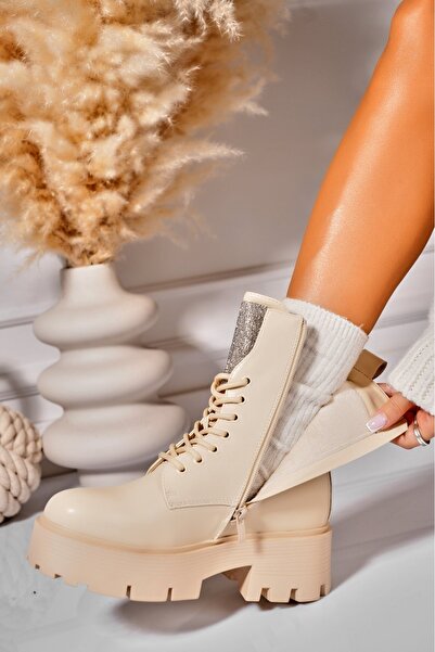 Joana Γυναικείες μπεζ μπότες με επένδυση γούνας από οικολογικό δέρμα Neoma