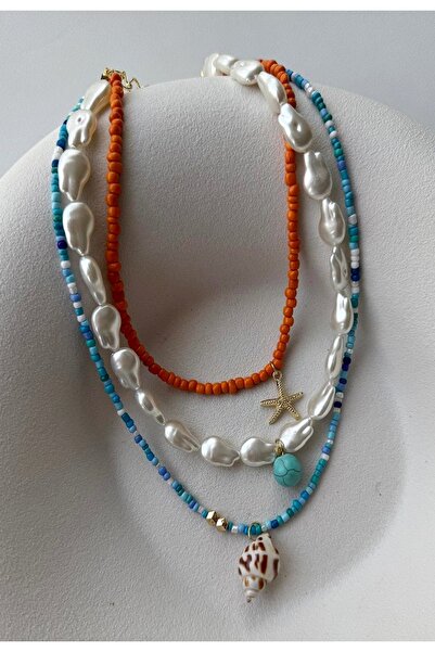 mos&more Mavi Turuncu, Beyaz İncili Elegant Plaj Kolye