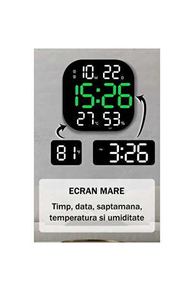 VTM Green Digital Clock with LED, Stopwatch, Calendar, Temperature, Alarm, Snooze, 32x32cm