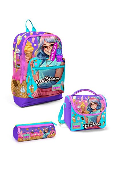Coral High GOSHOPYA مجموعة حقائب مدرسية مكونة من 3 قطع بنمط الآيس كريم والأنم...