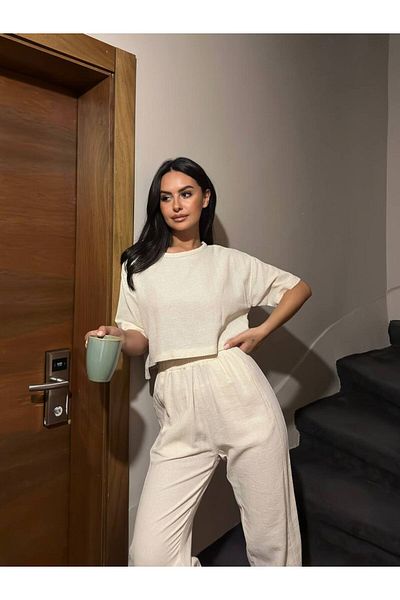 Bleu Petite Beige Linen Fabric Trousers Crop Top Set