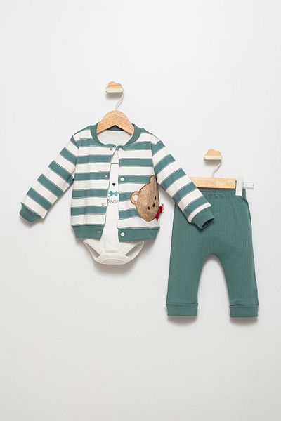 Fulla Moda 100% Cotton Striped Teddy Bear Embroidered 3-Piece Boy's Suit