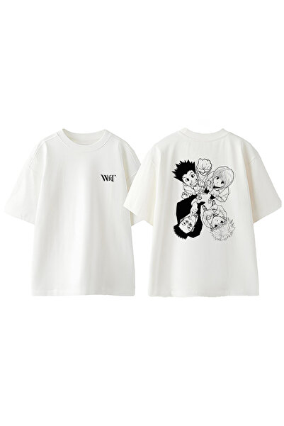 THEWERT Tricou oversize alb din bumbac cu imprimeu Hunter X Hunter Top Design