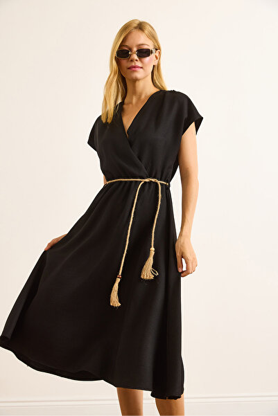 Olalook Women's Black Straw Lace Bat Waist Elastic Dress Elb-19002486