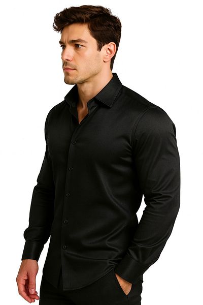 BYBÜLENT Men's Black Long Sleeve Cotton Satin Special Production Premium Quality Shirt