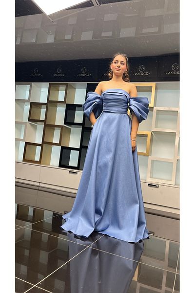 my podium Blue Long Balloon Sleeve Evening Dress