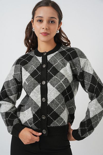 Bigdart Women's Patterned Buttoned Knitwear Cardigan 15927 - Black
