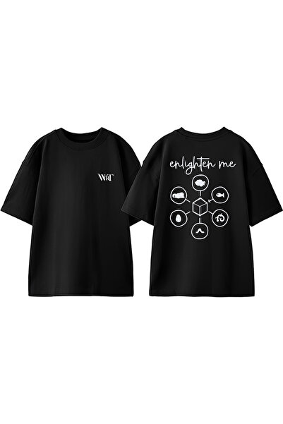 THEWERT Tricou oversize negru din bumbac cu imprimeu pe spate Enlighten Me De...