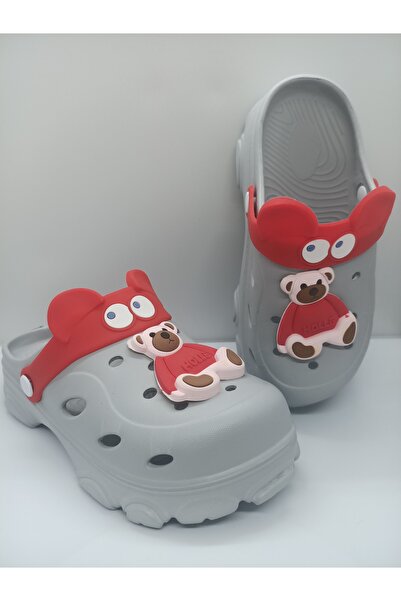 Huzurlu Adımlar Gray Red Teddy Bear Slippers